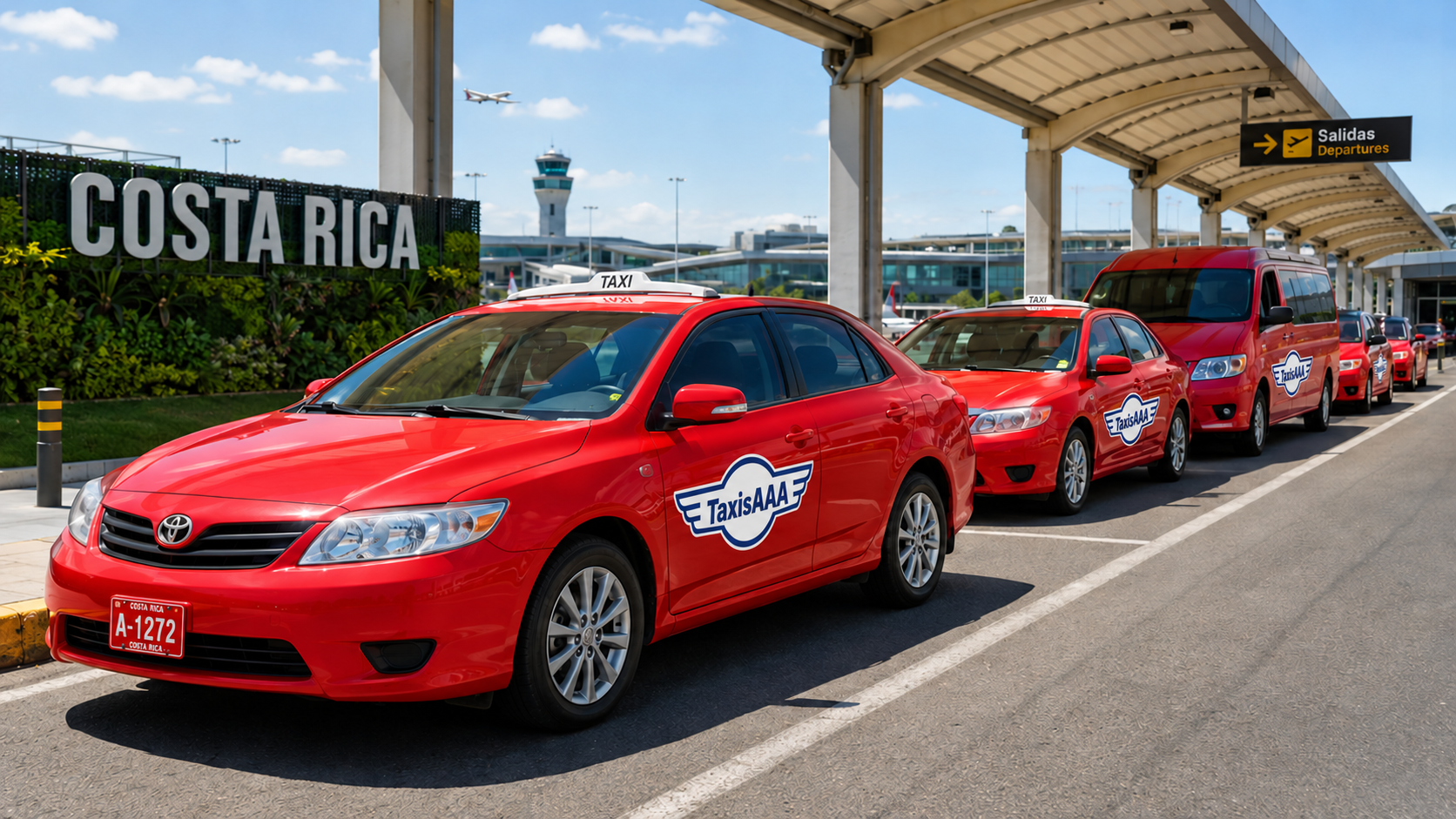 Fila de taxis rojos del aeropuerto en Costa Rica