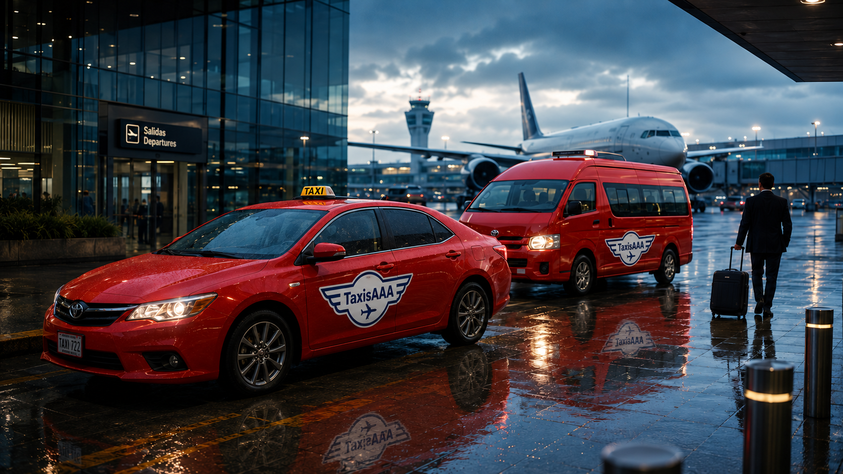 Taxi rojo y microbus en aeropuerto durante lluvia